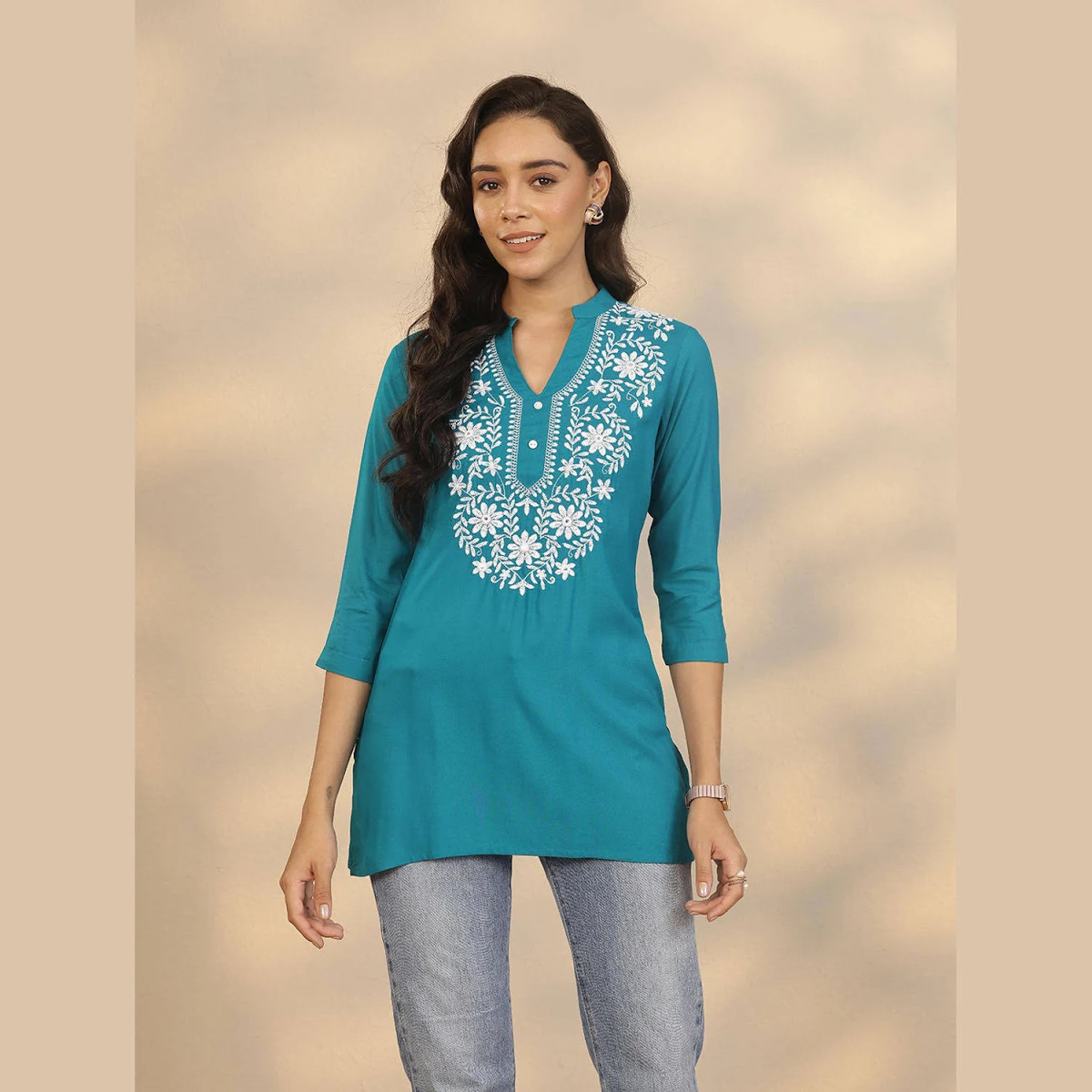 Libas Blue Yoke Design Rayon Straight Short Kurti